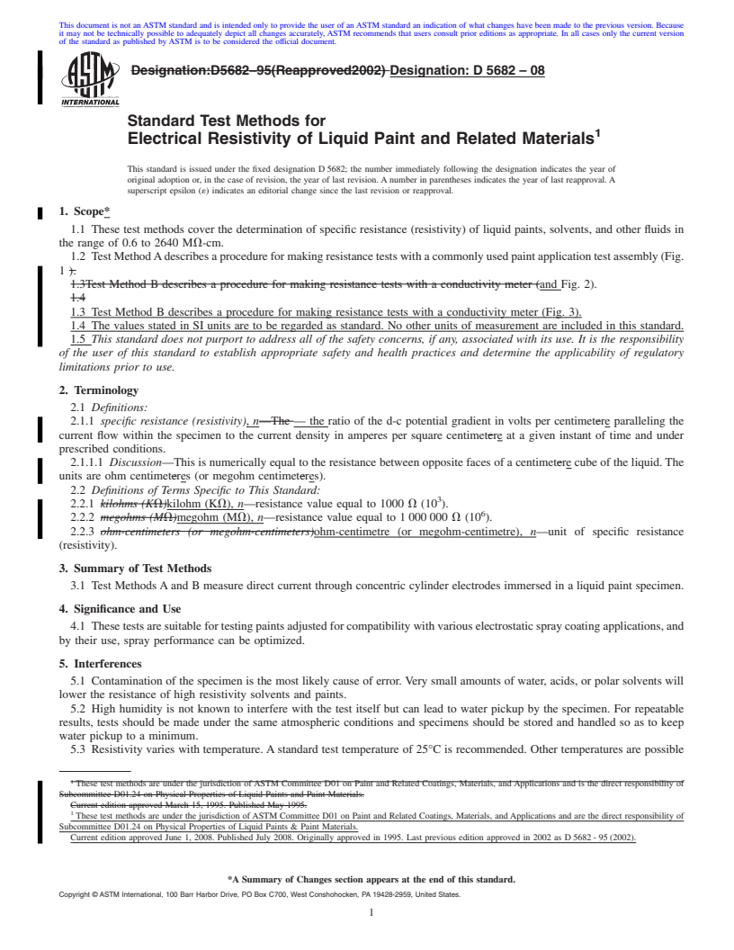 REDLINE ASTM D5682-08 - Standard Test Methods for  Electrical Resistivity of Liquid Paint and Related Materials