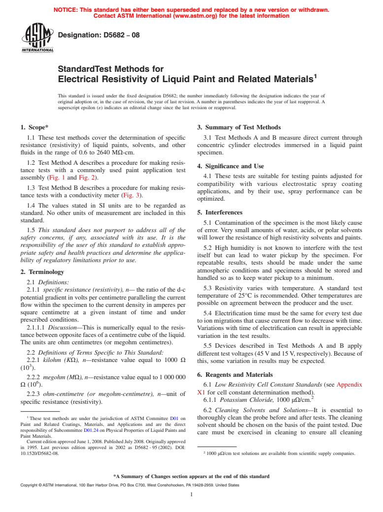 ASTM D5682-08 - Standard Test Methods for  Electrical Resistivity of Liquid Paint and Related Materials