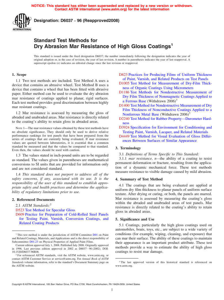 ASTM D6037-96(2008) - Standard Test Methods for  Dry Abrasion Mar Resistance of High Gloss Coatings