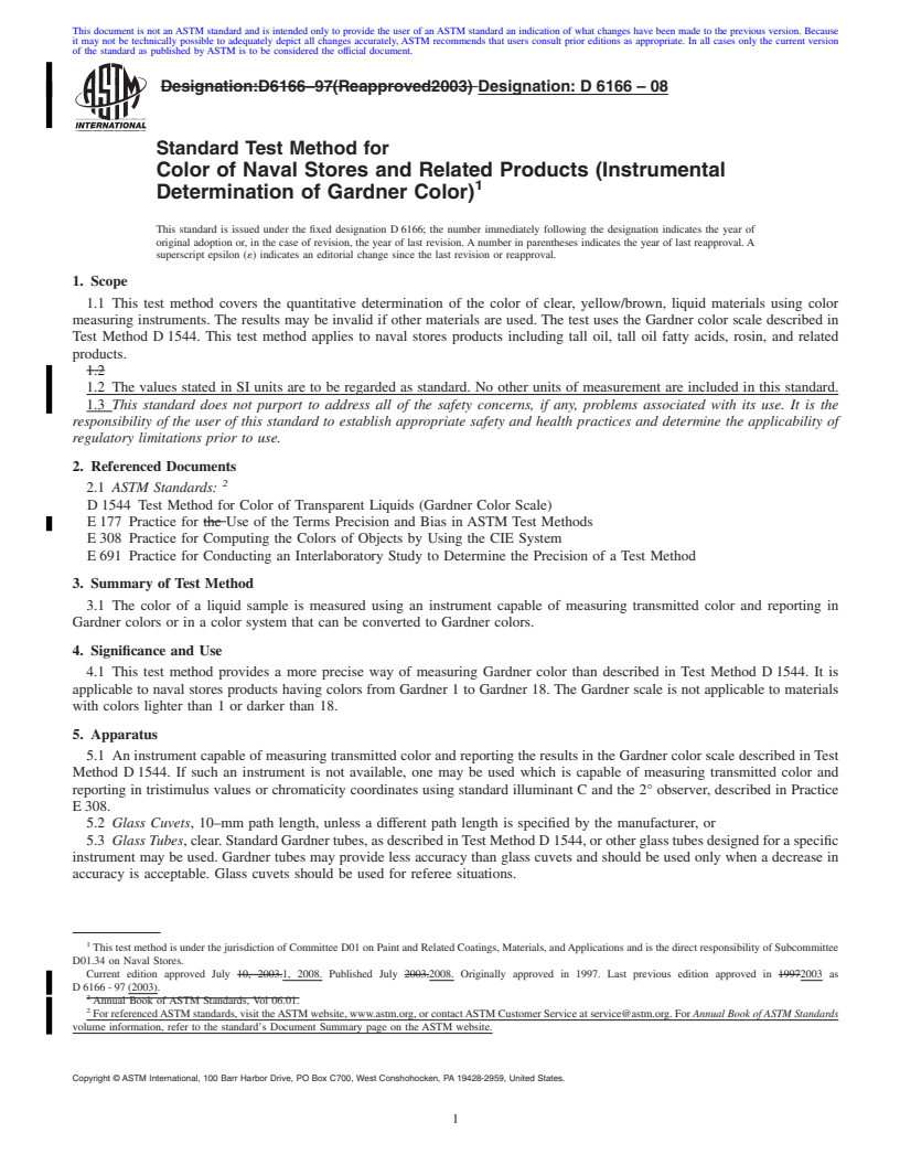 REDLINE ASTM D6166-08 - Standard Test Method for Color of Naval Stores and Related Products (Instrumental Determination    of Gardner Color)