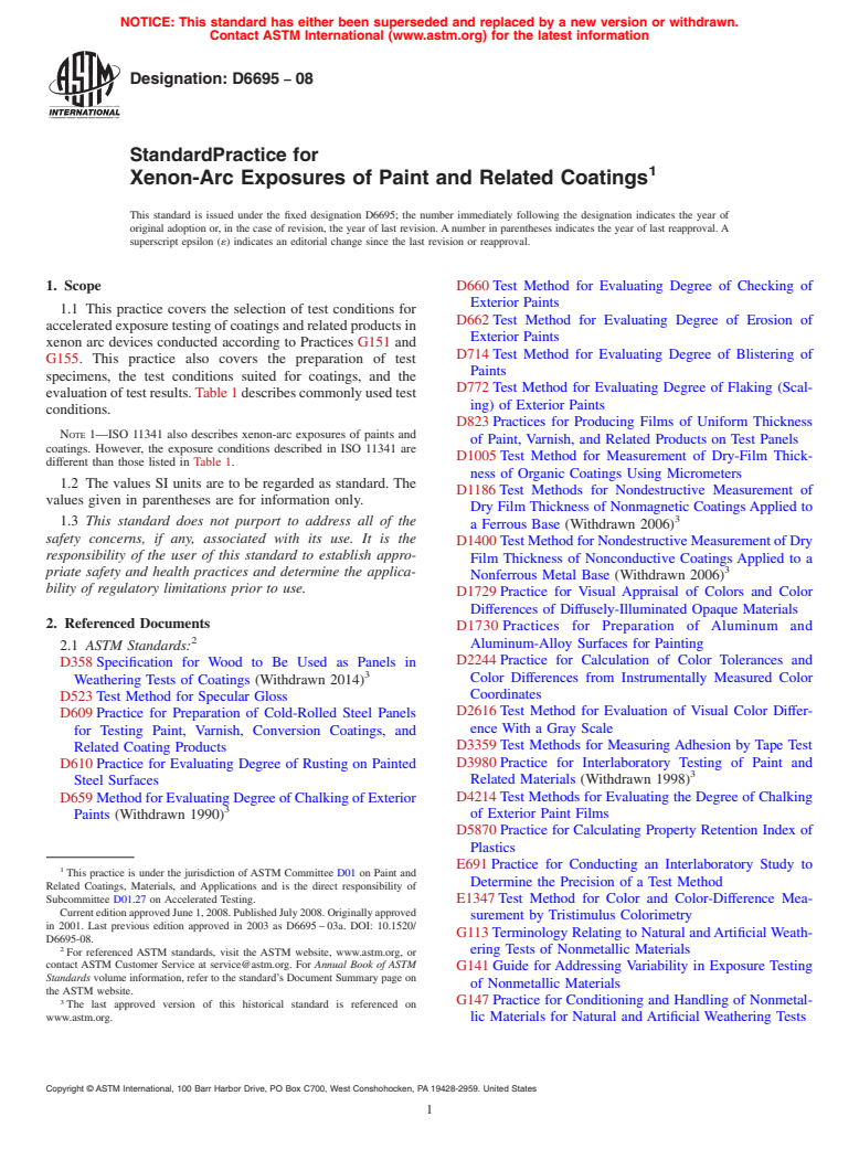 ASTM D6695-08 - Standard Practice for Xenon-Arc Exposures of Paint and Related Coatings