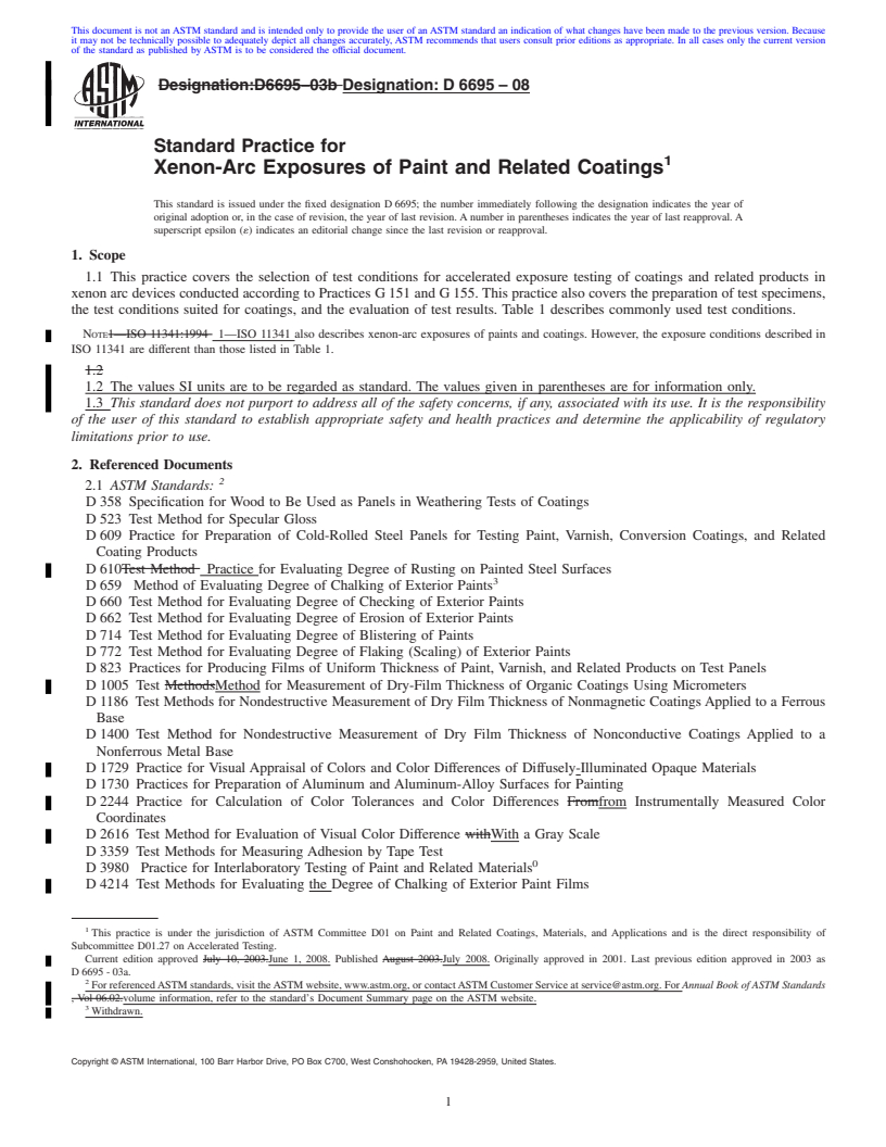 REDLINE ASTM D6695-08 - Standard Practice for Xenon-Arc Exposures of Paint and Related Coatings