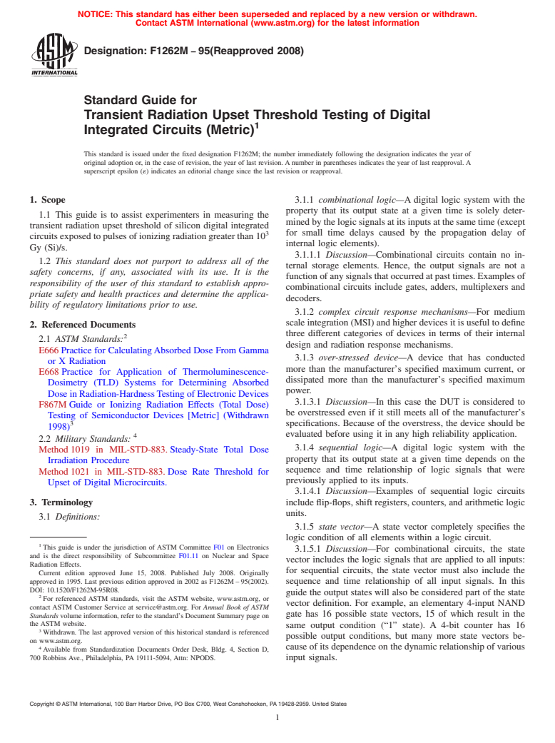 ASTM F1262M-95(2008) - Standard Guide for  Transient Radiation Upset Threshold Testing of Digital Integrated Circuits (Metric)