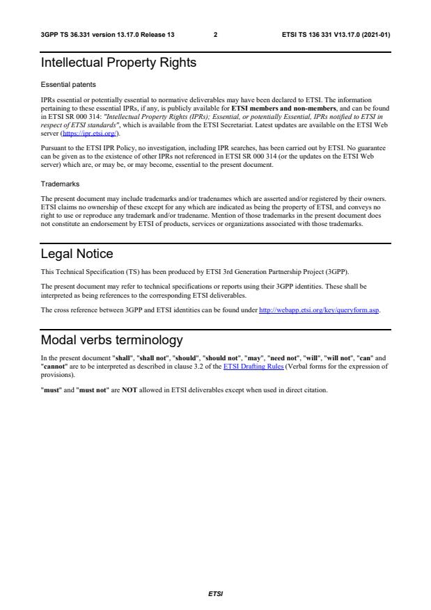 ETSI TS 136 331 V13.17.0 (2021-01) - LTE; Evolved Universal Terrestrial Radio Access (E-UTRA); Radio Resource Control (RRC); Protocol specification (3GPP TS 36.331 version 13.17.0 Release 13)