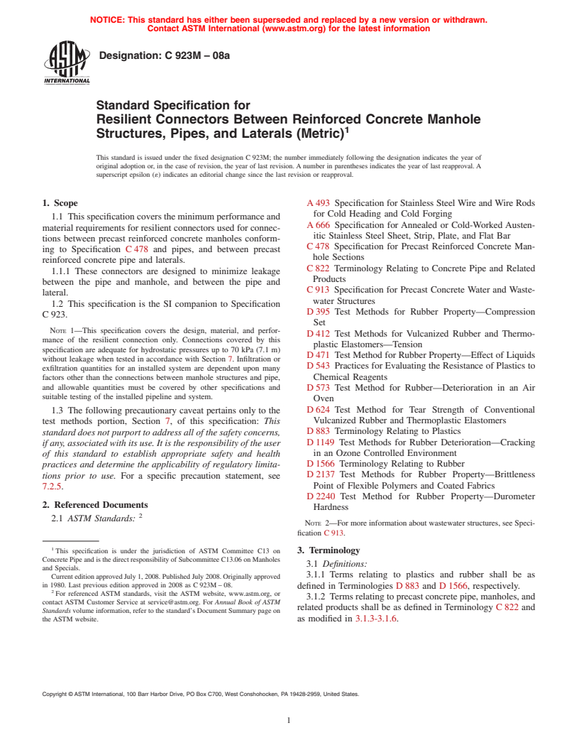 ASTM C923M-08a - Standard Specification for  Resilient Connectors Between Reinforced Concrete Manhole Structures, Pipes, and Laterals (Metric)