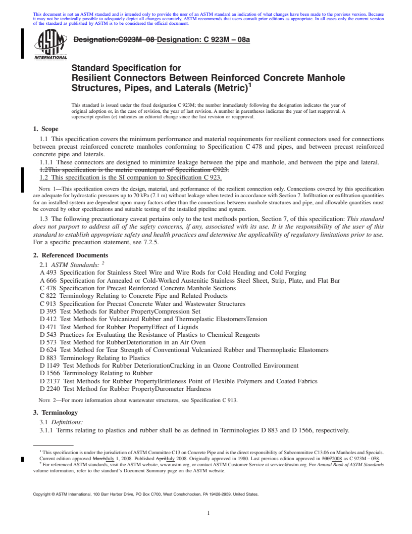 REDLINE ASTM C923M-08a - Standard Specification for  Resilient Connectors Between Reinforced Concrete Manhole Structures, Pipes, and Laterals (Metric)