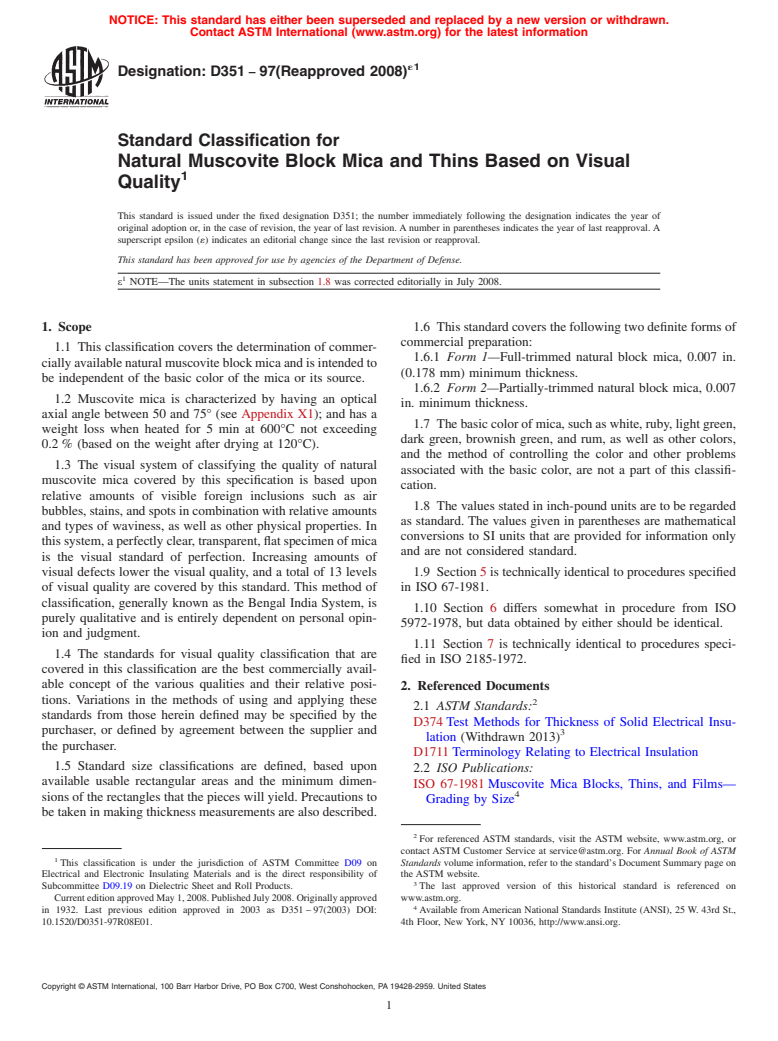 ASTM D351-97(2008)e1 - Standard Classification for  Natural Muscovite Block Mica and Thins Based on Visual Quality