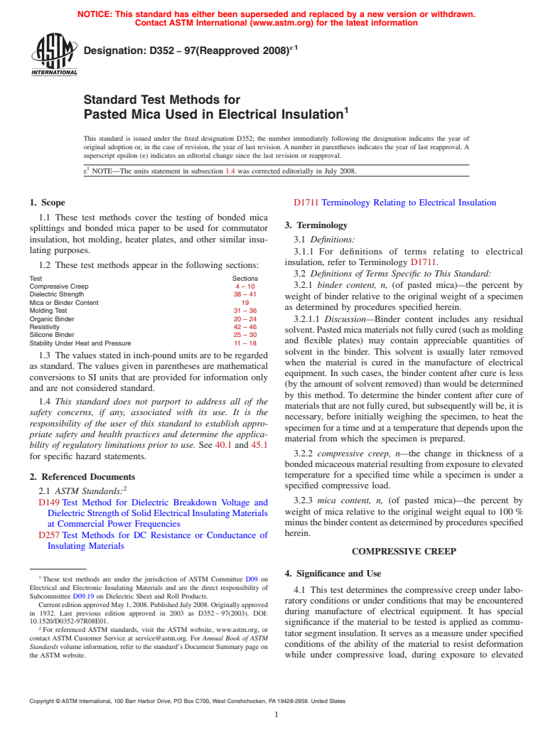 ASTM D352-97(2008)e1 - Standard Test Methods for  Pasted Mica Used in Electrical Insulation