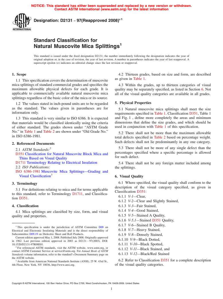 ASTM D2131-97(2008)e1 - Standard Classification for  Natural Muscovite Mica Splittings