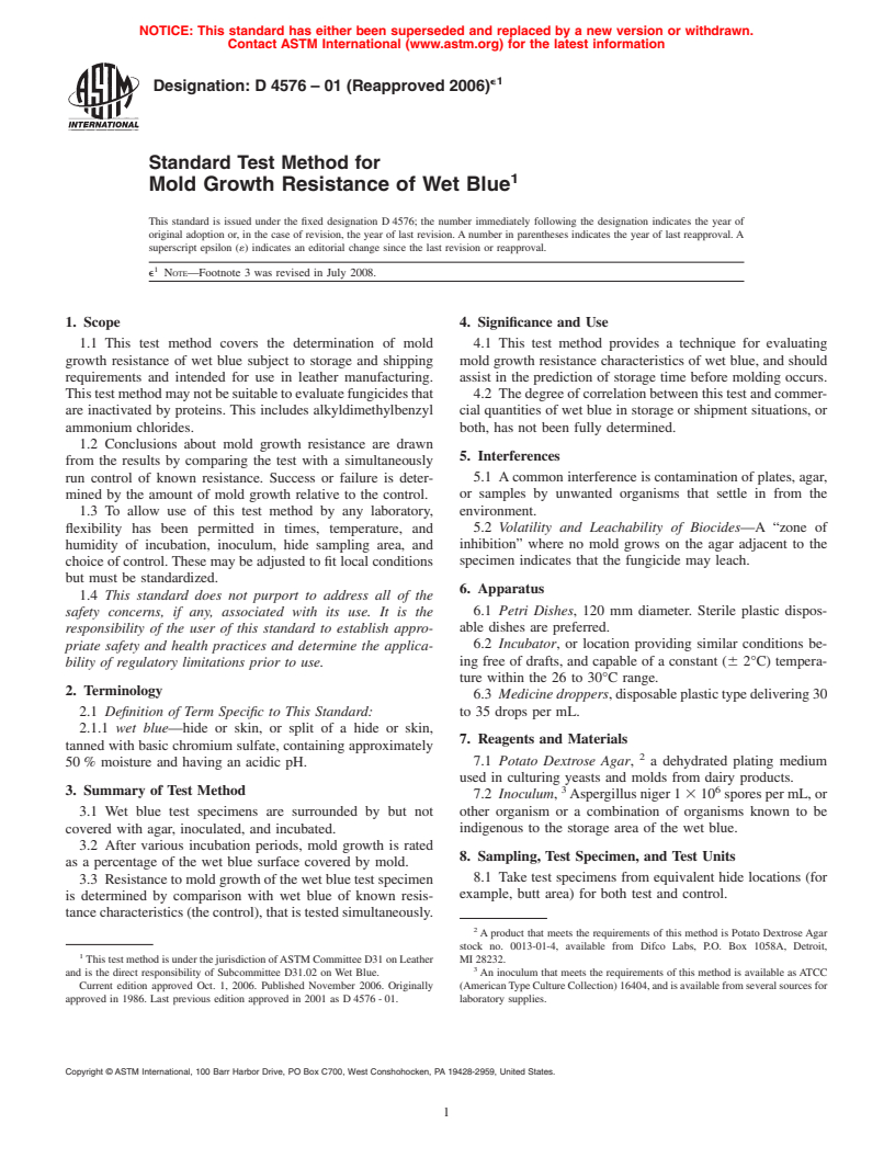 ASTM D4576-01(2006)e1 - Standard Test Method for  Mold Growth Resistance of Wet Blue