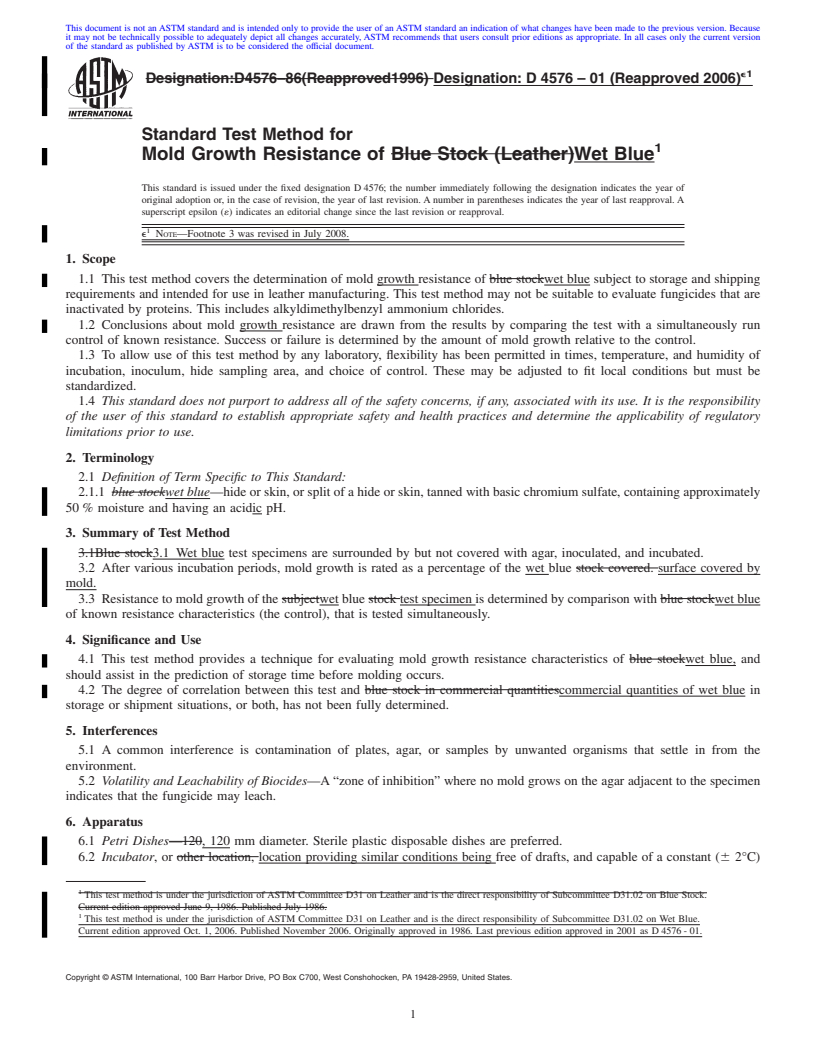 REDLINE ASTM D4576-01(2006)e1 - Standard Test Method for  Mold Growth Resistance of Wet Blue