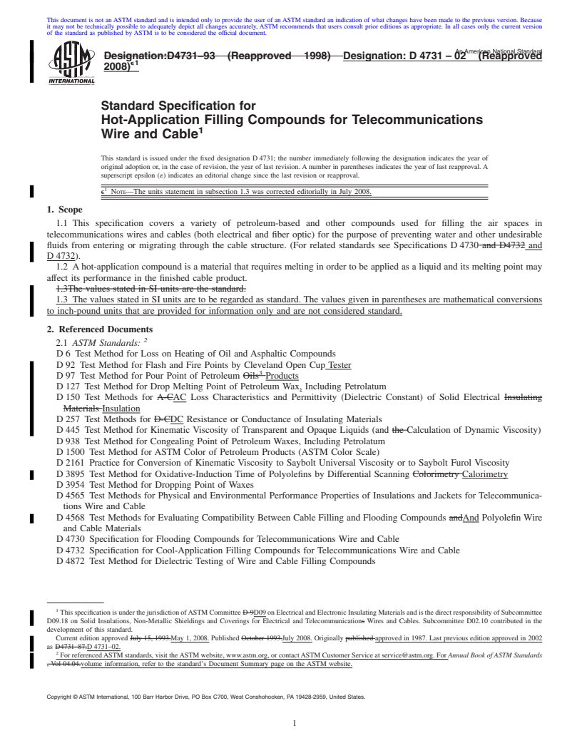 REDLINE ASTM D4731-02(2008)e1 - Standard Specification for  Hot-Application Filling Compounds for Telecommunications Wire and Cable