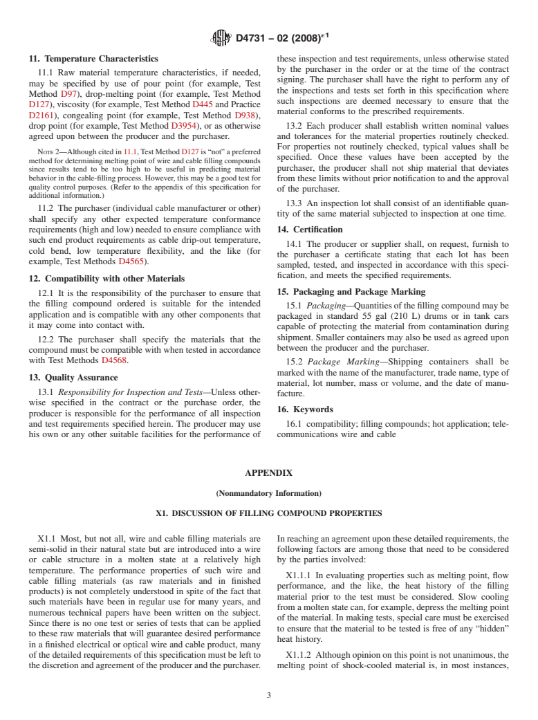 ASTM D4731-02(2008)e1 - Standard Specification for  Hot-Application Filling Compounds for Telecommunications Wire and Cable