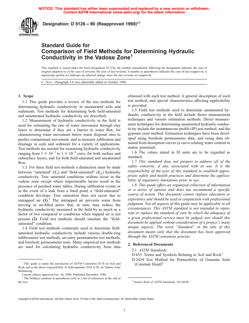 ASTM D5126-90(1998)e1 - Standard Guide for Comparison of Field Methods for Determining Hydraulic Conductivity in the Vadose Zone