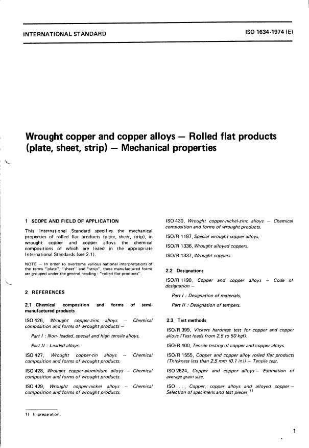 ISO 1634:1974 - Wrought copper and copper alloys -- Rolled flat products (plate, sheet, strip) -- Mechanical properties