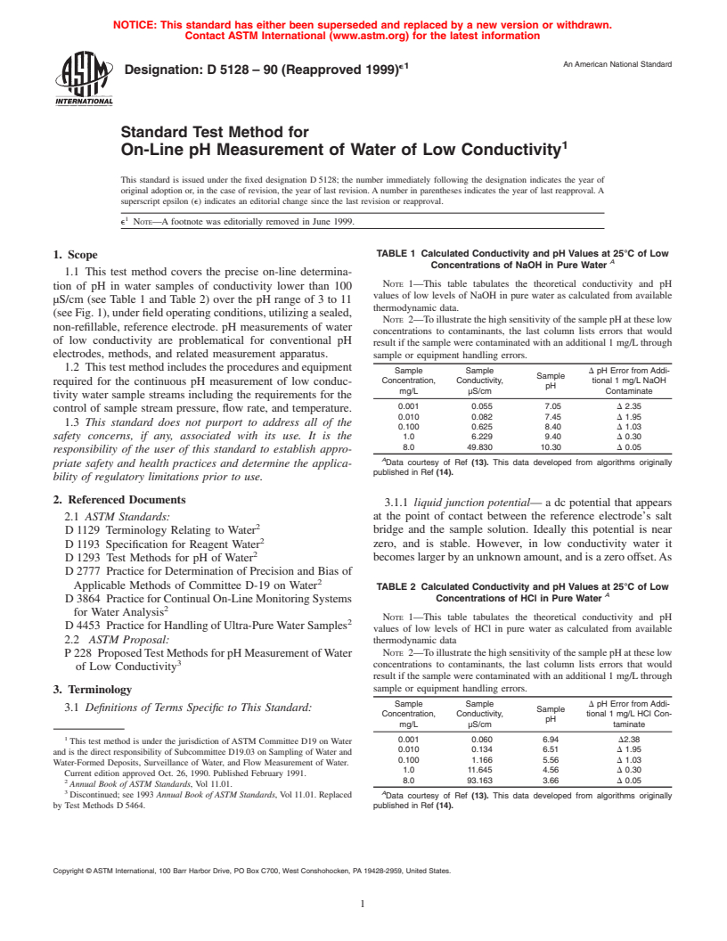 ASTM D5128-90(1999)e1 - Standard Test Method for On-Line pH Measurement of Water of Low Conductivity