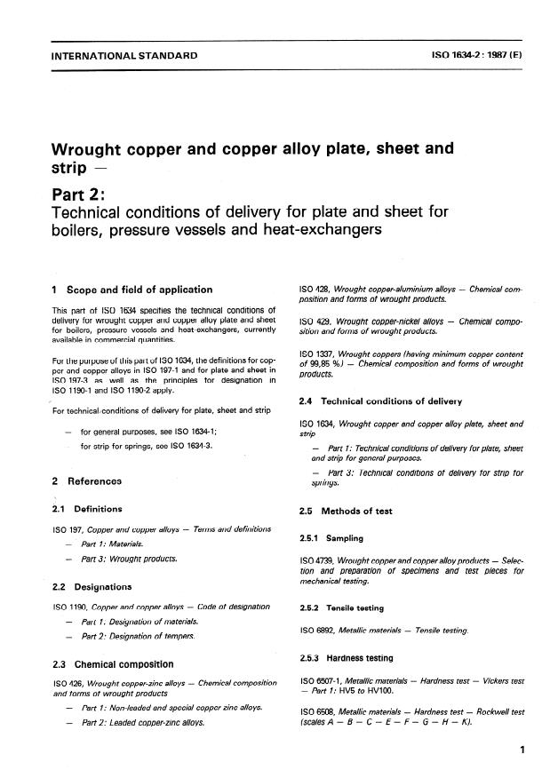 ISO 1634-2:1987 - Wrought copper and copper alloy plate, sheet and strip