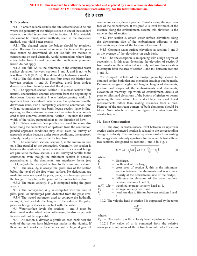 ASTM D5129-95(1999) - Standard Test Method for Open Channel Flow Measurement of Water Indirectly by Using Width Contractions