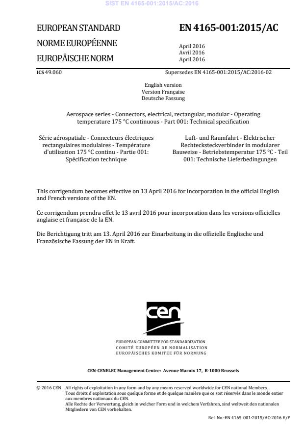 EN 4165-001:2015/AC:2016