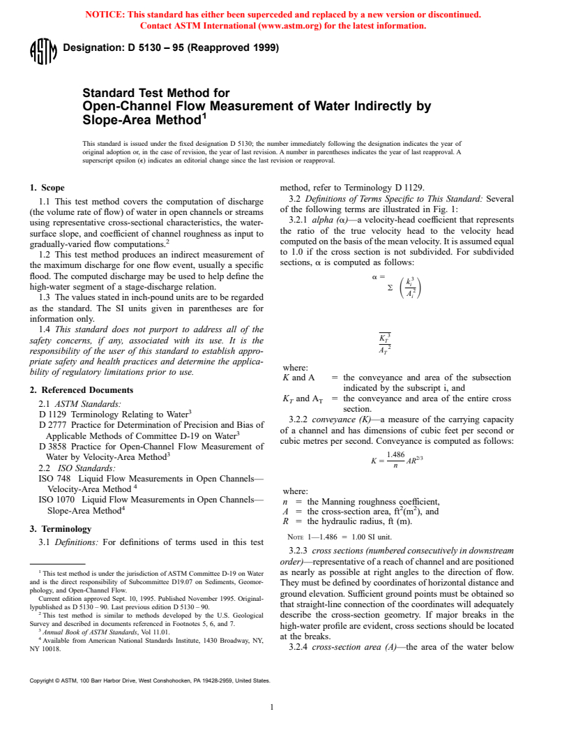 ASTM D5130-95(1999) - Standard Test Method for Open-Channel Flow Measurement of Water Indirectly by Slope-Area Method