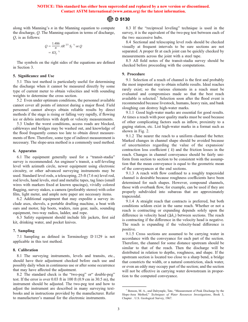 ASTM D5130-95(1999) - Standard Test Method for Open-Channel Flow Measurement of Water Indirectly by Slope-Area Method