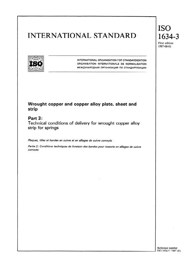 ISO 1634-3:1987 - Wrought copper and copper alloy plate, sheet and strip