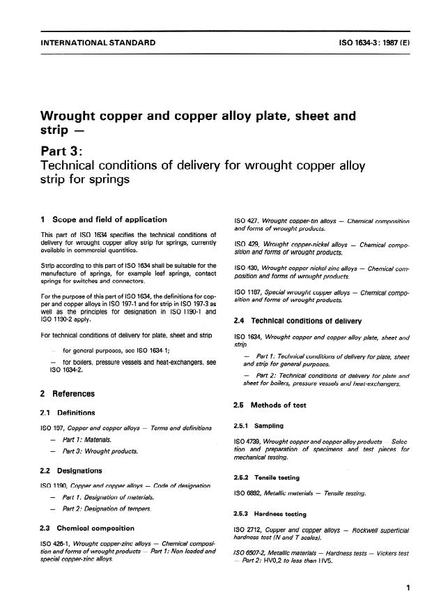 ISO 1634-3:1987 - Wrought copper and copper alloy plate, sheet and strip