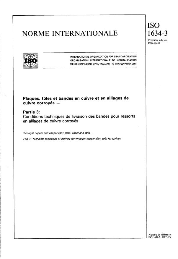 ISO 1634-3:1987 - Plaques, tôles et bandes en cuivre et en alliages de cuivre corroyés