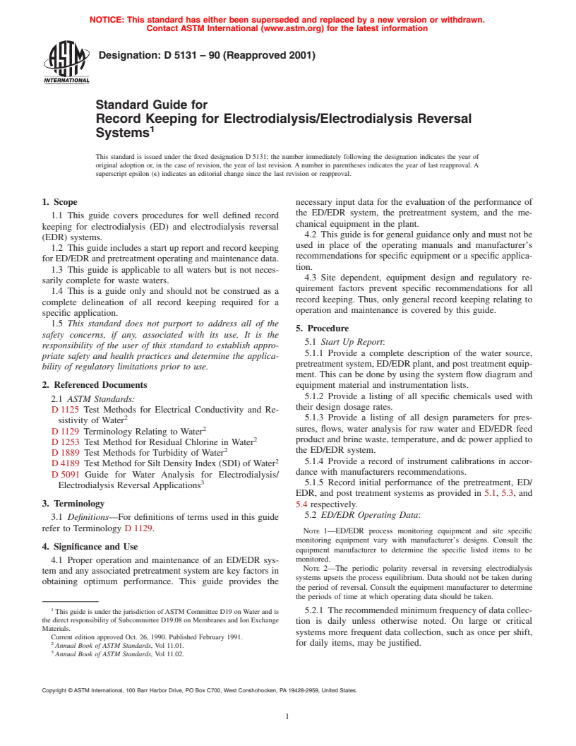 ASTM D5131-90(2001) - Standard Guide for Record Keeping for Electrodialysis/Electrodialysis Reversal Systems