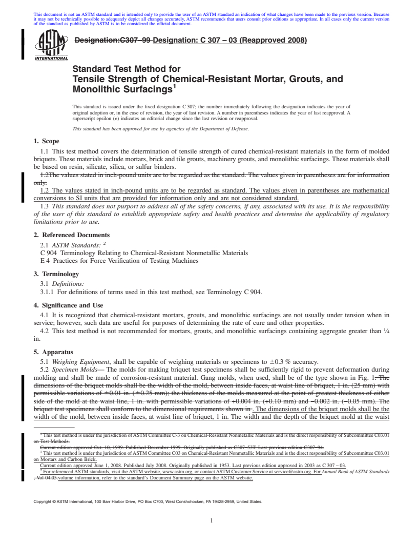 REDLINE ASTM C307-03(2008) - Standard Test Method for Tensile Strength of Chemical-Resistant Mortar, Grouts, and Monolithic Surfacings