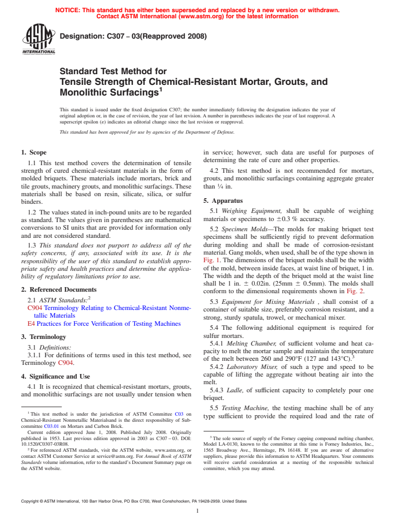 ASTM C307-03(2008) - Standard Test Method for Tensile Strength of Chemical-Resistant Mortar, Grouts, and Monolithic Surfacings