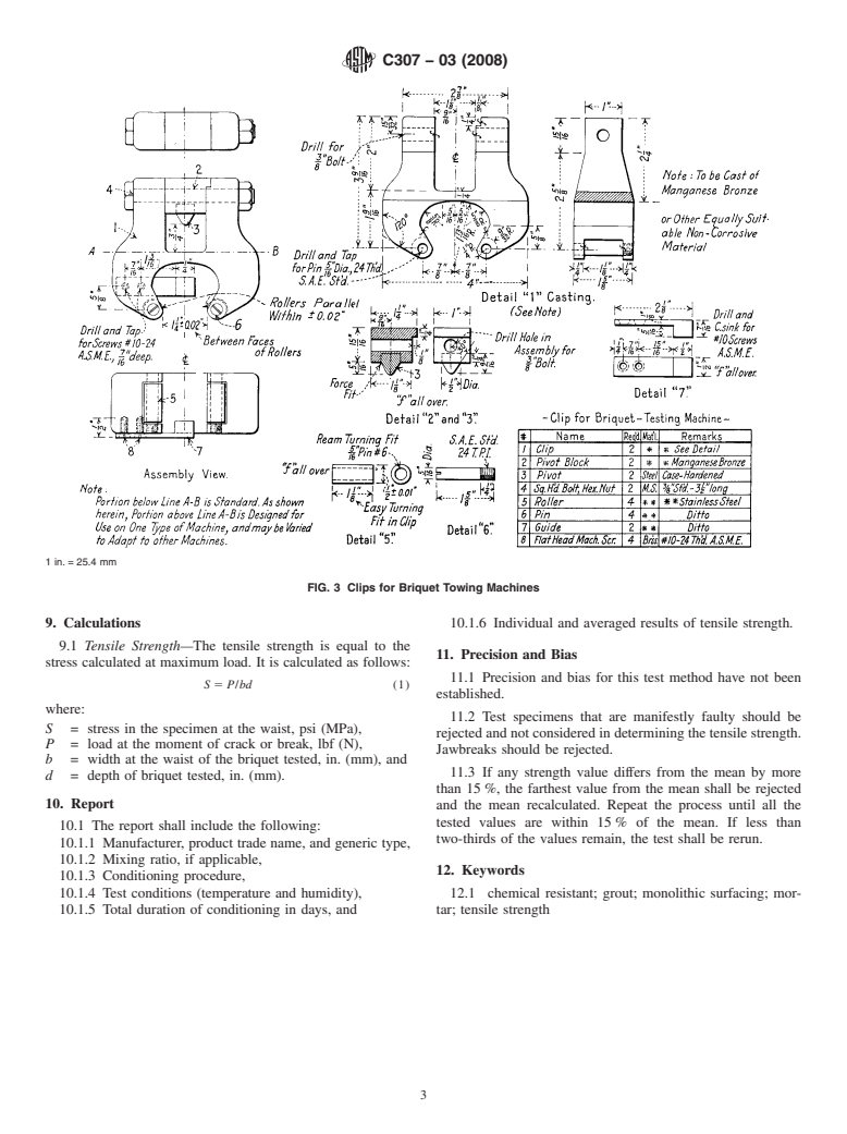 ASTM C307-03(2008) - Standard Test Method for Tensile Strength of Chemical-Resistant Mortar, Grouts, and Monolithic Surfacings