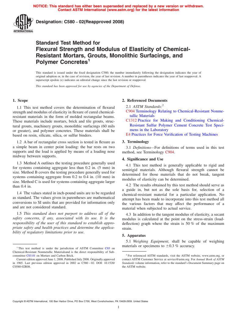 ASTM C580-02(2008) - Standard Test Method for Flexural Strength and Modulus of Elasticity of Chemical-Resistant Mortars, Grouts, Monolithic Surfacings, and Polymer Concretes