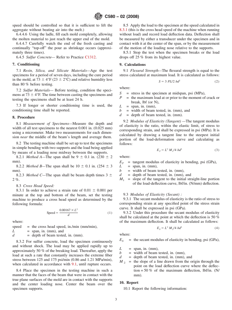 ASTM C580-02(2008) - Standard Test Method for Flexural Strength and Modulus of Elasticity of Chemical-Resistant Mortars, Grouts, Monolithic Surfacings, and Polymer Concretes