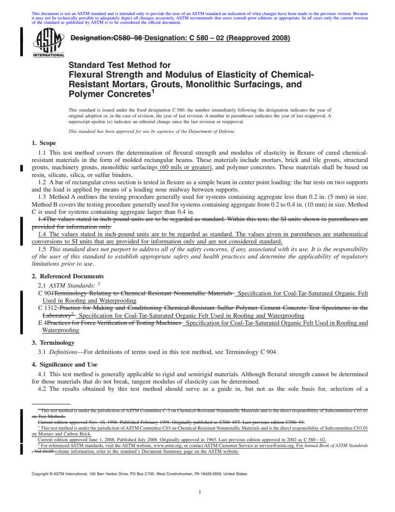 REDLINE ASTM C580-02(2008) - Standard Test Method for Flexural Strength and Modulus of Elasticity of Chemical-Resistant Mortars, Grouts, Monolithic Surfacings, and Polymer Concretes