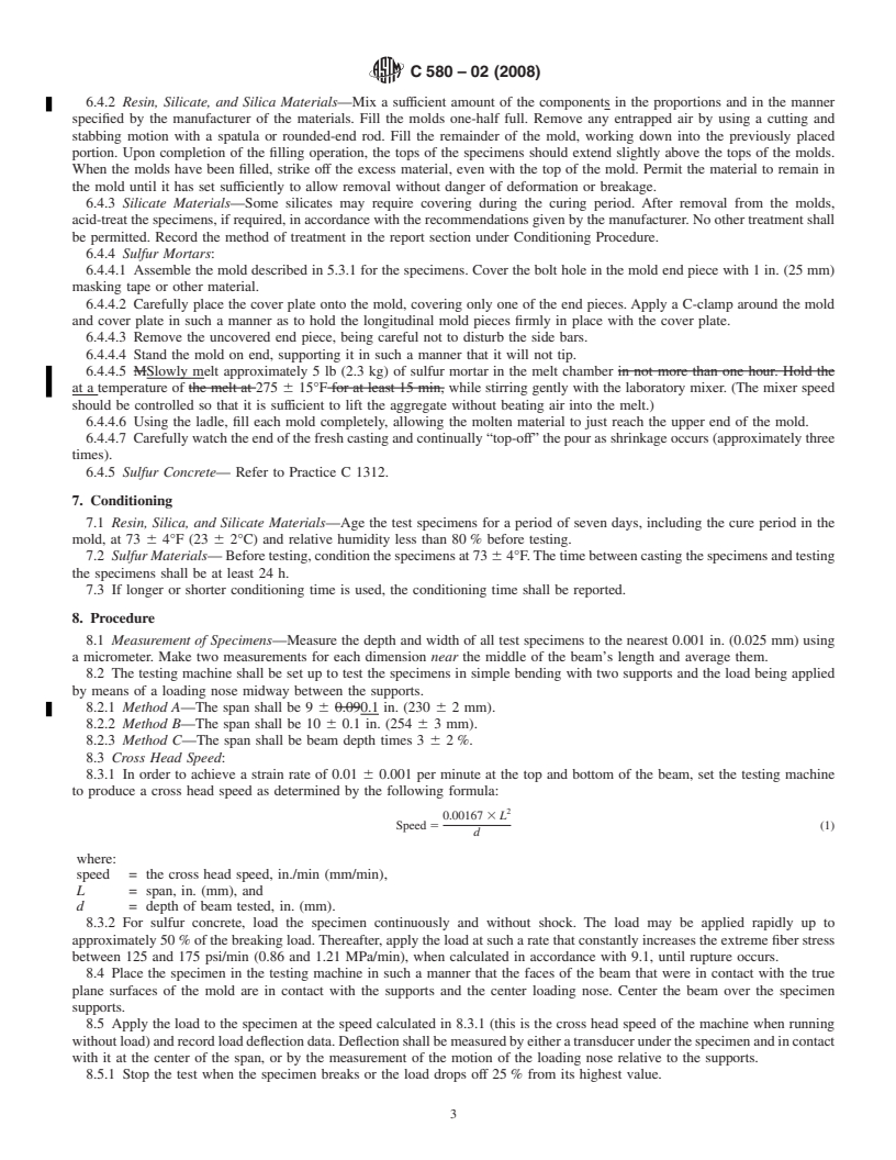 REDLINE ASTM C580-02(2008) - Standard Test Method for Flexural Strength and Modulus of Elasticity of Chemical-Resistant Mortars, Grouts, Monolithic Surfacings, and Polymer Concretes