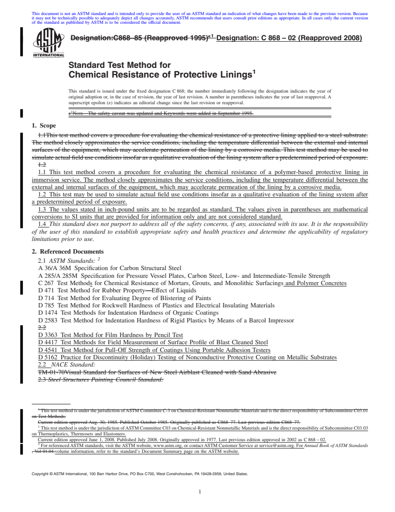 REDLINE ASTM C868-02(2008) - Standard Test Method for  Chemical Resistance of Protective Linings