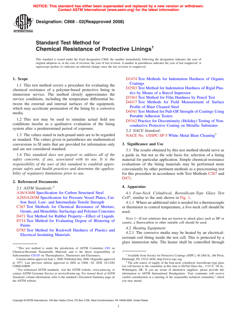 ASTM C868-02(2008) - Standard Test Method for  Chemical Resistance of Protective Linings