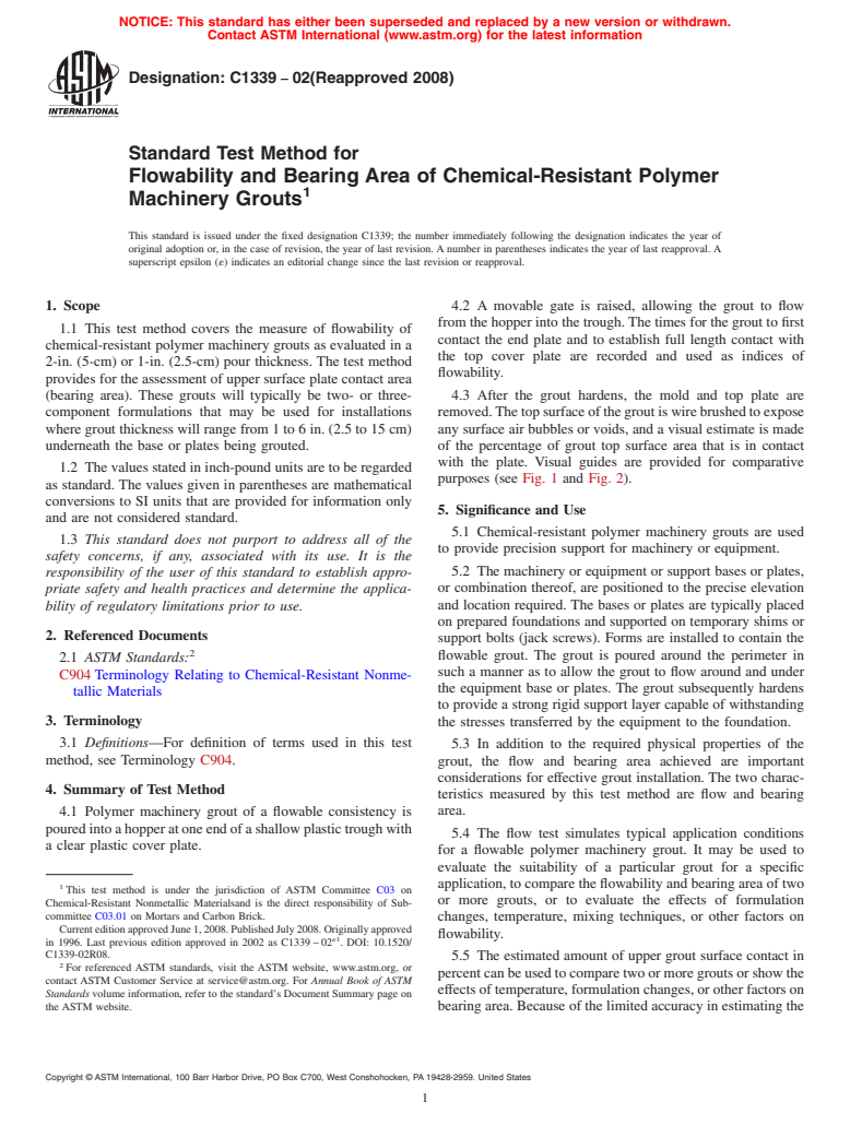 ASTM C1339-02(2008) - Standard Test Method for  Flowability and Bearing Area of Chemical-Resistant Polymer Machinery Grouts