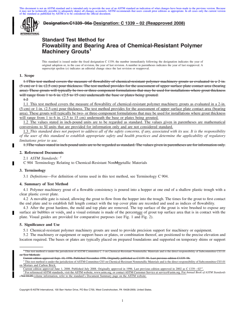 REDLINE ASTM C1339-02(2008) - Standard Test Method for  Flowability and Bearing Area of Chemical-Resistant Polymer Machinery Grouts