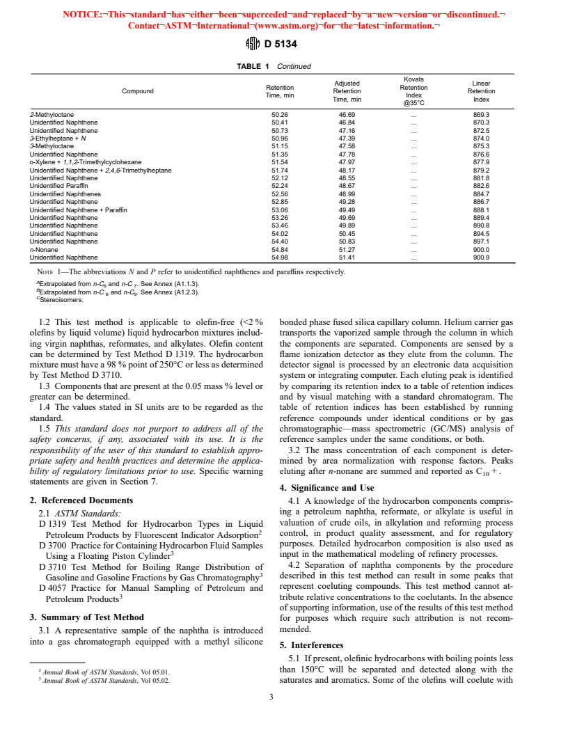 ASTM D5134-98 - Standard Test Method for Detailed Analysis of Petroleum Naphthas through n-Nonane by Capillary Gas Chromatography