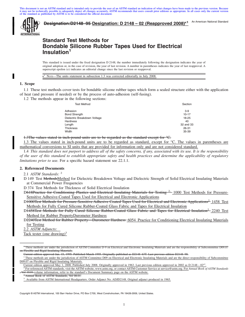 REDLINE ASTM D2148-02(2008)e1 - Standard Test Methods for Bondable Silicone Rubber Tapes Used for Electrical Insulation