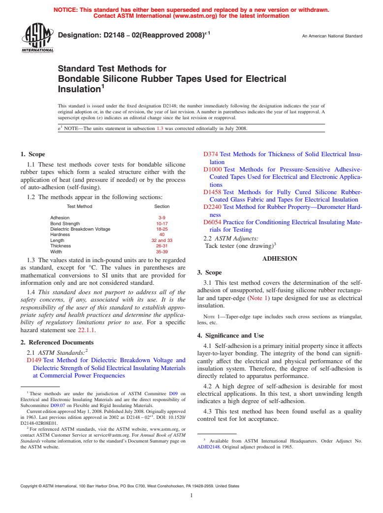 ASTM D2148-02(2008)e1 - Standard Test Methods for Bondable Silicone Rubber Tapes Used for Electrical Insulation