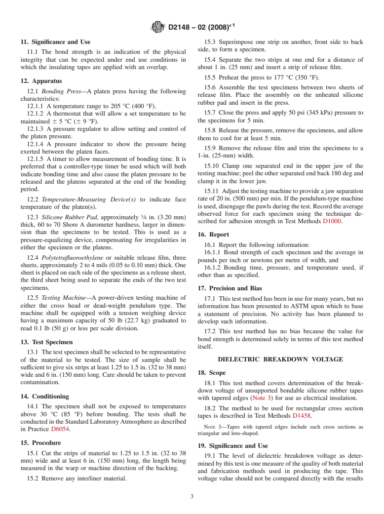 ASTM D2148-02(2008)e1 - Standard Test Methods for Bondable Silicone Rubber Tapes Used for Electrical Insulation