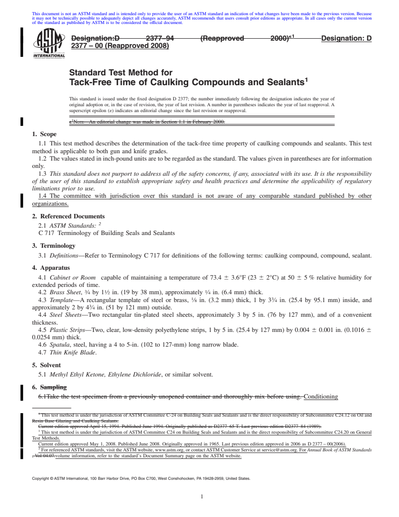 REDLINE ASTM D2377-00(2008) - Standard Test Method for  Tack-Free Time of Caulking Compounds and Sealants