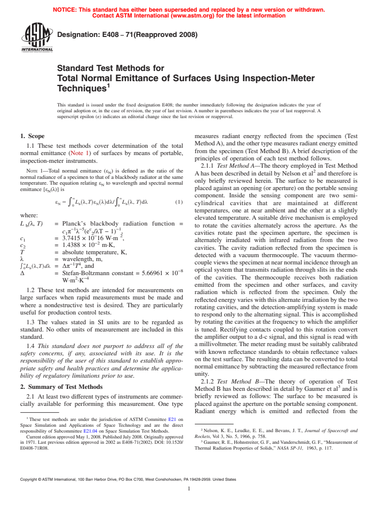 ASTM E408-71(2008) - Standard Test Methods for  Total Normal Emittance of Surfaces Using Inspection-Meter Techniques
