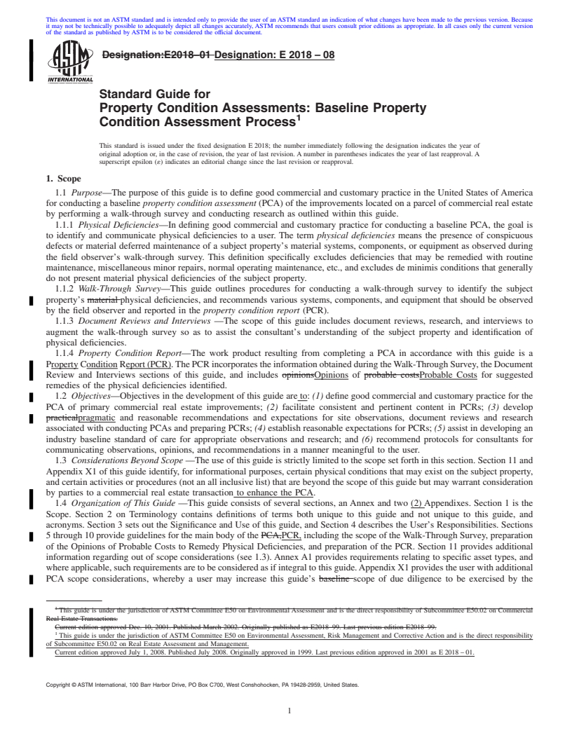 REDLINE ASTM E2018-08 - Standard Guide for Property Condition Assessments: Baseline Property Condition Assessment Process