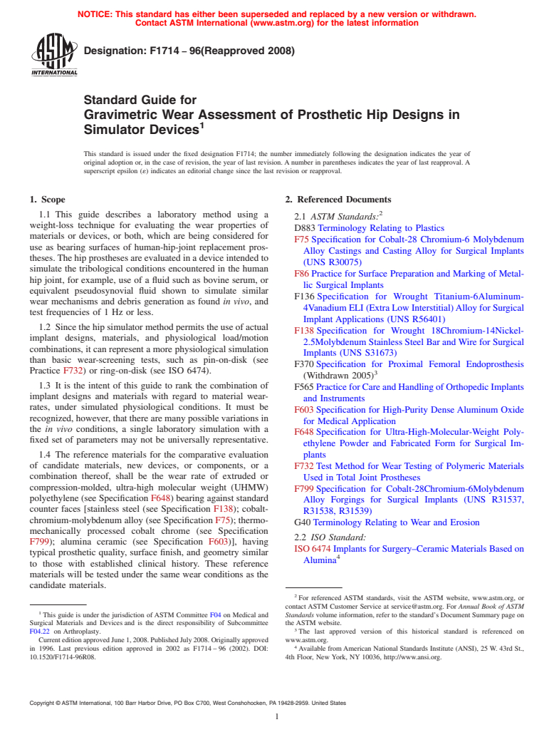 ASTM F1714-96(2008) - Standard Guide for  Gravimetric Wear Assessment of Prosthetic Hip Designs in Simulator Devices