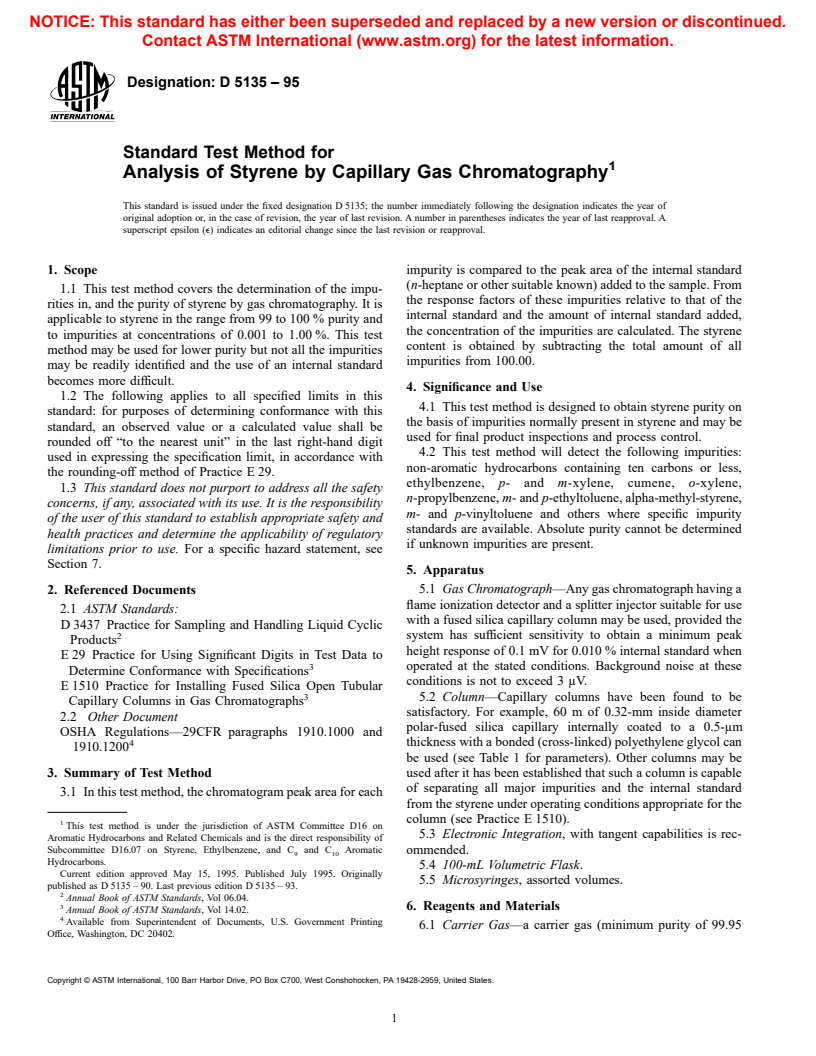 ASTM D5135-95 - Standard Test Method for Analysis of Styrene by Capillary Gas Chromatography