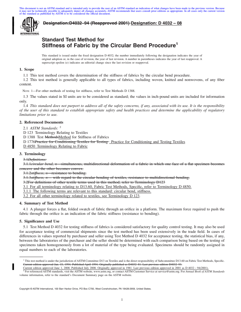 REDLINE ASTM D4032-08 - Standard Test Method for Stiffness of Fabric by the Circular Bend Procedure